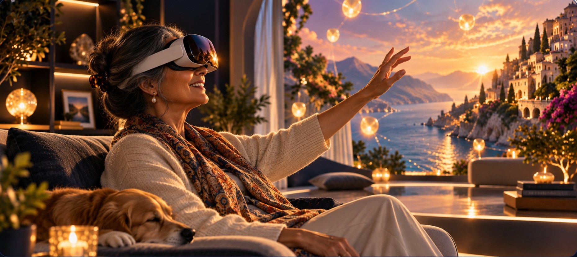 A person at the centre of an immersive experience